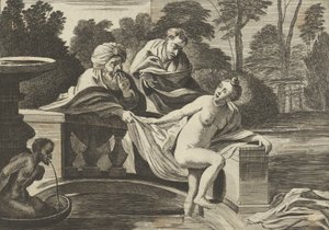 سوزانا عارية جزئيًا وتخرج من نافورة مع شيخين على اليسار ، أحدهما ... ، كاليفورنيا. 1656-60.