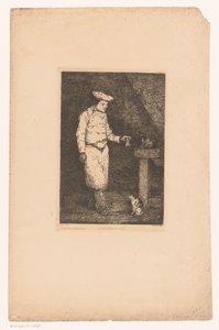 داخلي داكن مع طباخ يمسك بقطعة لحم لقط Le déjeuner du chat (العنوان على الكائن) Eaux-Fortes Modernes: Originales et Inédites (عنوان السلسلة)