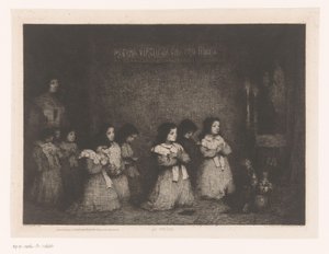 مجموعة من الفتيات يصلن أمام تمثال للسيدة العذراء لا بريير (العنوان على الكائن) Eaux-Fortes Modernes: Originales et Inédites (عنوان السلسلة)