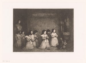 مجموعة من الفتيات يصلن أمام تمثال للسيدة العذراء لا بريير (العنوان على الكائن) Eaux-Fortes Modernes: Originales et Inédites (عنوان السلسلة)