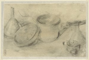 رسم تخطيطي لحياة ثابتة للمقالي وزجاجة