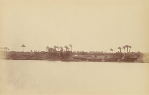 ضفاف النيل مع أشجار النخيل والقوارب بواسطة Théodule Devéria
