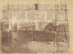 منظر عن قرب للنقوش والمنحوتات الهيروغليفية (قائمة الدول المهزومة) ، الكرنك بواسطة Théodule Devéria