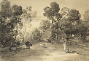 المناظر الطبيعية المشجرة مع الأشكال ، كوخ وبقرة ، حوالي عام 1785 (غسل وطباشير مع الغواش على الورق) بواسطة توماس (بعد) جينزبورو