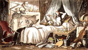 "الفطريات ، بإسهاب ، تبتكر لإدخال / Death's Dart إلى مجلس الوزراء" ، من حانة "English Dance of Death". بواسطة رودولف أكرمان (1764-1834) 1814 (أكواتينت) بواسطة توماس (بعد) رولاندسون