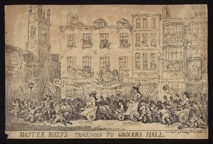 موكب السيد بيلي إلى قاعة البقالة ؛ هجاء سياسي حول موكب ويليام بيت الأصغر إلى Grocers Hall لتلقي حرية مدينة لندن بواسطة توماس (بعد) رولاندسون