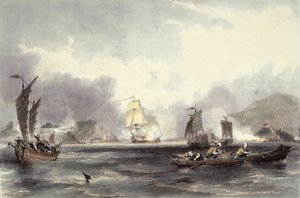 سفينة جلالة Imogene و Andromache تمر ببطاريات Bocca-Tigris ، c.1850