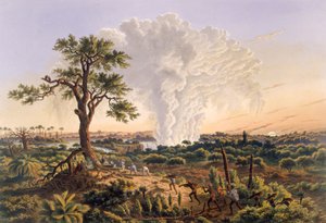 شلالات شروق الشمس مع سحابة الرش ترتفع 1200 قدم ، 1865 (طباعة ملونة) بواسطة توماس بينز
