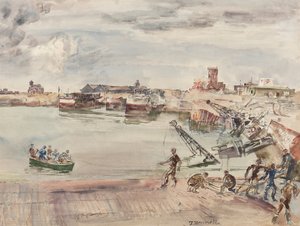 Docks ex entrepots (sic) du Port du Calais Bassin Ouest، 1944 (قلم رصاص وقلم وحبر وفرشاة ومرحاض على ورق) بواسطة توماس باركلي هينيل
