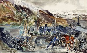 عربة الفحم المحلية وسفن الصيد ، Seydisfjordur ، أيسلندا (ألوان مائية على ورق) بواسطة توماس باركلي هينيل