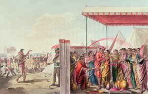 العزف على هوهلي ، من "مخيم المحراتة" ، 5 أبريل 1813 (نقش ملون)