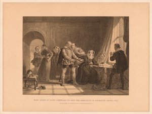 اضطرت ماري ملكة الاسكتلنديين إلى التوقيع على التنازل عنها في قلعة لوخليفين ، 1567 ، 1878 بواسطة توماس براون