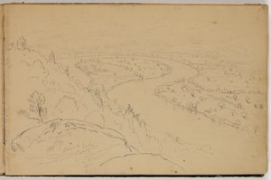 بانوراما Oxbow على نهر كونيتيكت كما تُرى من جبل هوليوك ، حوالي عام 1832 (قلم رصاص على ورق) بواسطة توماس كول