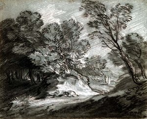 No.0975 منظر طبيعي مشجر مع جبل بعيد (طباشير على ورق أزرق). بواسطة توماس غينزبورو