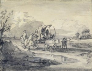 منظر طبيعي مفتوح مع رعاة وعربة مغطاة ، c.1780-85 (غسيل رمادي وأسود وطباشير موضوع على ورق) بواسطة توماس غينزبورو