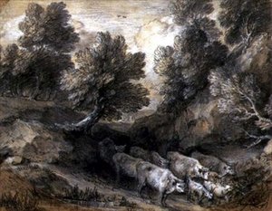 المناظر الطبيعية المشجرة مع الماشية والماعز ، 1768-72 (طباشير أسود وأبيض على ورق) بواسطة توماس غينزبورو
