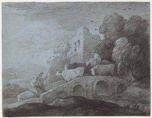 المناظر الطبيعية المشجرة مع الماشية القيادة Herdsman (النقش على الورق) بواسطة توماس غينزبورو