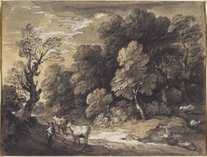 المناظر الطبيعية المشجرة مع الراعي والأبقار ، c.1775-80 (طباشير أسود وغسالات رمادية سوداء ، يعلوها غواش أبيض على ورق مسدود) بواسطة توماس غينزبورو