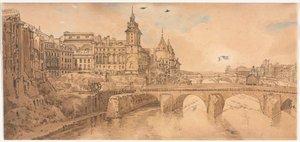 مجموعة مختارة من عشرين من أكثر المناظر الخلابة في باريس: منظر Pont au Change ، ومسرح المدينة ، و Pont Neuf ، وسجن Conciergerie ، مأخوذ من Pont Notre Dame بواسطة توماس غيرتين