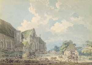 The Tithe Barn at Abbotsbury with the Abbey on the Hill ... ، c.1795 (مرحاض فوق الجرافيت على الورق) بواسطة توماس غيرتين