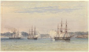 حرب الصين 1857، ثلاث من سفن صاحبة الجلالة تقصف وزوارق السفن على الشاطئ