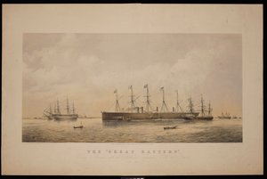 السفينة الشرقية العظمى، تغادر شيرنيس وعلى متنها كابل التلغراف الأطلسي في يونيو 1866 (مطبوعة حجرية، ملونة)