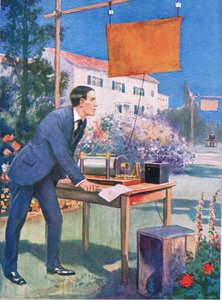 واحدة من أولى تجارب ماركوني، رسم توضيحي من كتاب "كاسيلز رومانسية حياة المشاهير"، حوالي عام 1940 (طباعة حجرية ملونة)