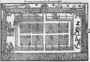 أخلاق الري بمضخة في الحوض ، من The Gardeners Labyrinth ، 1577 بواسطة توماس هيل