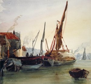 منظر من القوارب الراسية على نهر التايمز في Bankside ، ساوثوارك ، لندن ، c1830. بواسطة توماس هوليس