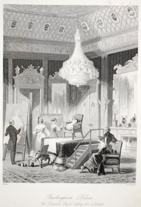 قصر باكنغهام - الأميرة الملكية جالسة لصورة ، من London Interiors مع حانة الأزياء والاحتفالات. جوزيف ميد ، لندن ، 1843 نقش صلب بواسطة توماس هوسمر شيبرد