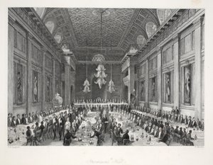 قاعة الماسونيين ، من حانة "London Interiors with the Costumes and Ceremonies". جوزيف ميد ، لندن ، 1843 (نقش الفولاذ) بواسطة توماس هوسمر شيبرد