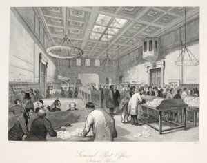 مكتب البريد العام ، المكتب الداخلي ، من حانة "London Interiors مع حانة الأزياء والاحتفالات" الخاصة بهم. جوزيف ميد ، لندن ، 1843 (نقش الفولاذ) بواسطة توماس هوسمر شيبرد