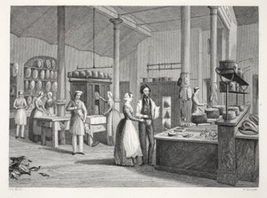نادي الإصلاح - المطبخ ، من حانة "لندن إنتيريورز مع حانة الأزياء والاحتفالات الخاصة بهم". جوزيف ميد ، لندن ، 1843 (نقش الفولاذ) بواسطة توماس هوسمر شيبرد