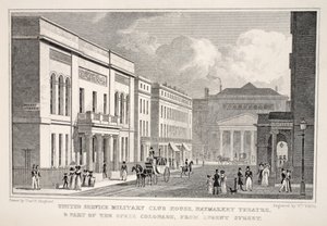 United Service Military Club House ، مسرح Haymarket وجزء من الأوبرا الأوبرا من شارع ريجنت ، من حانة لندن وضواحيها في حانة القرن التاسع عشر. شركة جونز أوند ، 1827-1829 (engravi بواسطة توماس هوسمر شيبرد