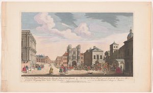 Gezicht op het the Banqueting House en Horse Guards Building te لوندن منظر للمباني الملكية ، لحرس الحصان والقدم ، أمام قاعة حفلات البيت الأبيض ، لندن (العنوان على الجسم)