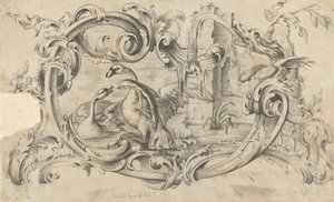 تصميم لوحي لقطعة مدخنة ذات بجعتين في القتال ، ومحاطة بالتمرير ... ، 1762. بواسطة توماس جونسون