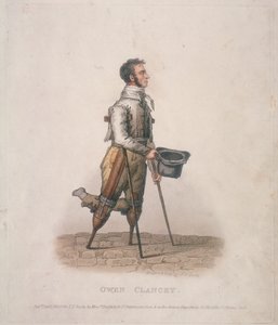 أوين كلانسي ، يتوسل حاملاً قبعته في يده ، على عكازين وأجهزة مربوطة بساقيه ، 1820