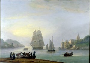 عميد يدخل ميناء دارتموث ، مع عبارة في المقدمة ، 1828
