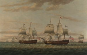 An Indiaman و a Two Decker Hove إلى ، يُقال إنه Thomas Dumar ، Esq. في H.M. سفينة بورتلاند تنقل قافلة جزيرة ليوارد عام 1776 بواسطة توماس لوني