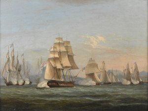 HMS Spartan & French Frigates: بداية الحدث ، 3 مايو 1810 (خليج نابولي) (زيت على قماش) بواسطة توماس لوني