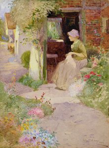 A Girl Sewing at the Door of a Cottage بواسطة توماس ماكاي