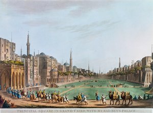 "الساحة الرئيسية بالقاهرة الكبرى ، مع قصر مراد بك" ، مصر ، ١٨٠٢ بواسطة توماس ميلتون