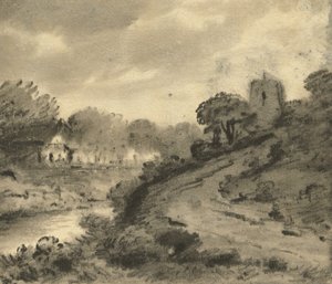 منظر نهر مشجر مع صخرة في المقدمة اليسرى ، c.1800