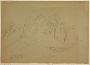 رسم، نهر ريو فيرجن مع تشكيلات صخرية كبيرة، 1873 بواسطة توماس موران