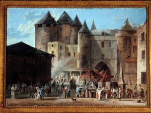 Place du Grand Chatelet في مشهد شارع باريس في وقت الثورة الفرنسية. لوحة توماس نوديت (1778-1810)