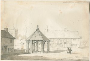 Abbots Bromley Tudor - Market Cross and House: رسم بالقلم الرصاص والغسيل بواسطة توماس بيبلو وود
