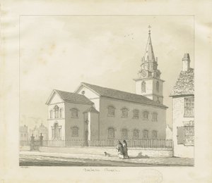 كنيسة دارلاستون: رسم بني داكن ، 1836 بواسطة توماس بيبلو وود