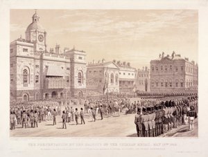 تقديم وسام القرم من الملكة فيكتوريا للعقيد السير توماس تروبريدج ، 18 مايو 1855 بواسطة يوم وابنه