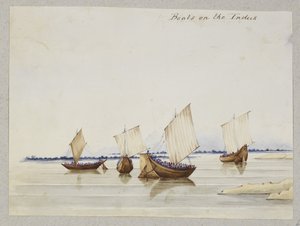 "قوارب على نهر السند" ، ألبوم يضم 212 رسمًا و 11 مطبوعة حجرية تصور الأزياء والمهن والمناظر الطبيعية والمباني في السند وكوتش وبومباي بواسطة توماس بوستانس