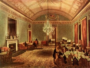 "The Great Subscription Room at Brooks، St. James's Street، London" ، 1808 ، 1947. المؤلفون: توماس رولاندسون ، أوغسطس تشارلز بوجين.